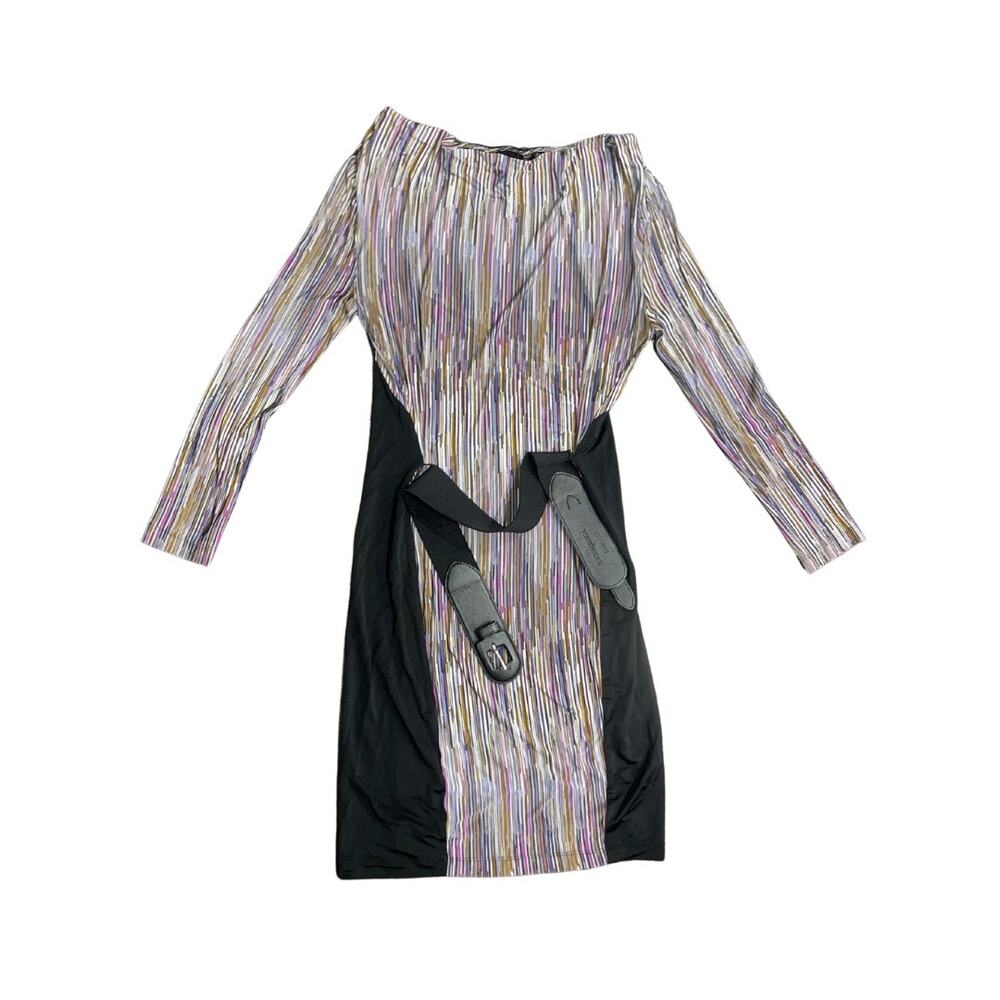 BCBGMAXAZRIA Cowl Neck Multicolor Striped Belted Midi Dress SZ S Retro Groovy